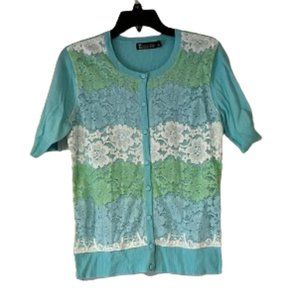 New York & Company Blue, Green, White Lace Front Cardigan - Medium